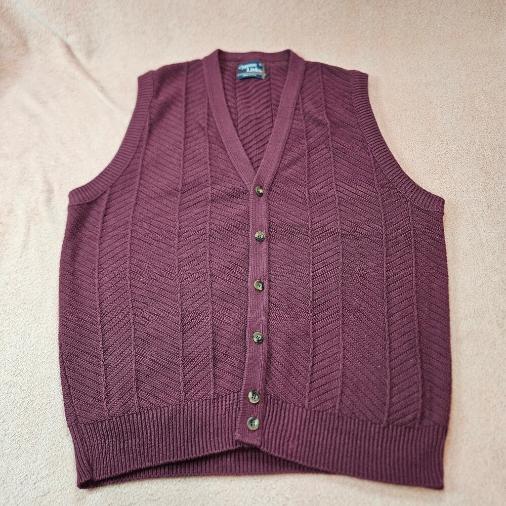 Cypress Links Vintage Knit Button-Front V-Neck Sweater Vest Burgundy L Made USA